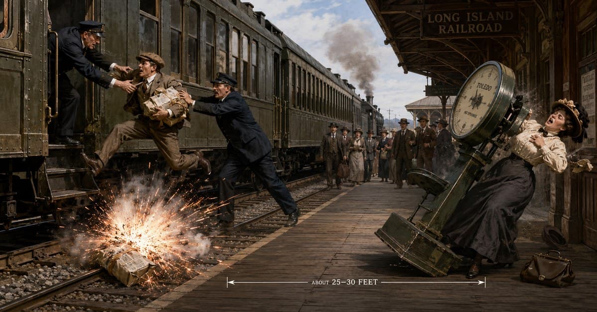 Palsgraf v. Long Island Railroad — guards pull a running passenger aboard a departing train as his package explodes on the tracks, toppling a platform scale onto Mrs. Palsgraf about 25 to 30 feet away.